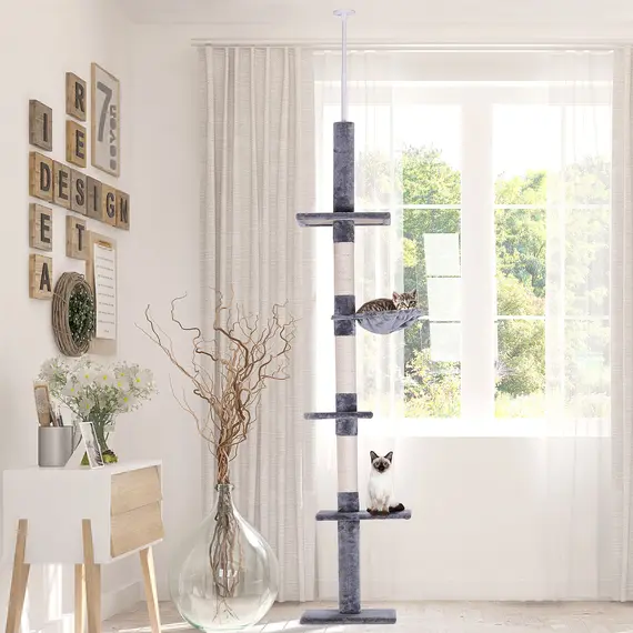 Buy Floor to Ceiling Cat Tree for Indoor Cats 5-Tier Kitty Tower Climbing Activity Center Scratching Post Adjustable Height 230-260 cm Grey, 2 image