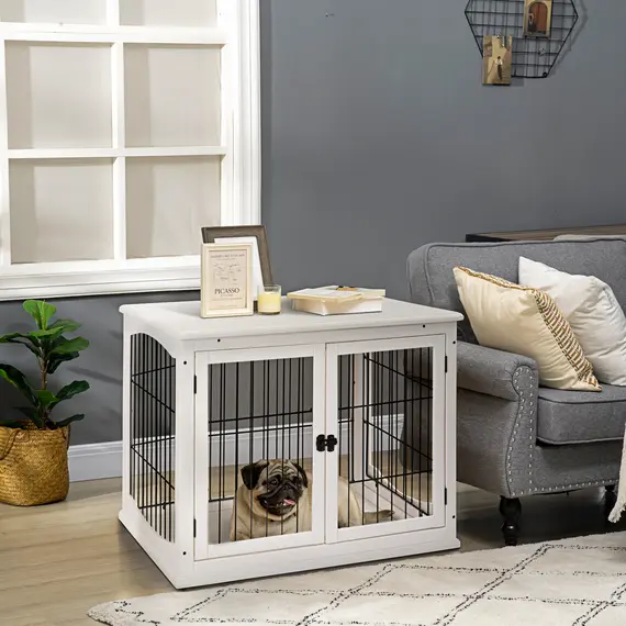 Buy Dog Crate Furniture, Puppy Crate End Table, Pet Kennel House with 2 Doors for Medium and Small Dogs, 81 x 58.5 x 66 cm, White, 2 image