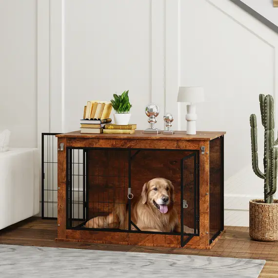 Buy Dog Crate Furniture with Flip-up Top, 2 Doors, for Large Dogs, 98 x 60 x 65.5cm, Rustic Brown, 2 image