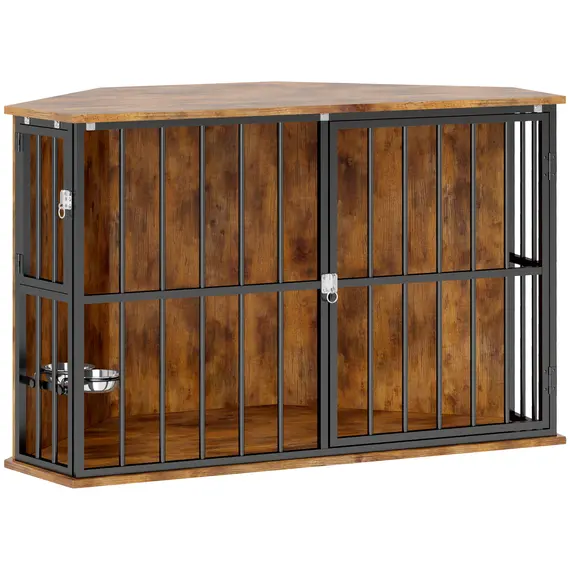 Buy Corner Dog Crate Furniture with 2 Bowls, Lockable Doors, for Small Medium Dogs, Rustic Brown