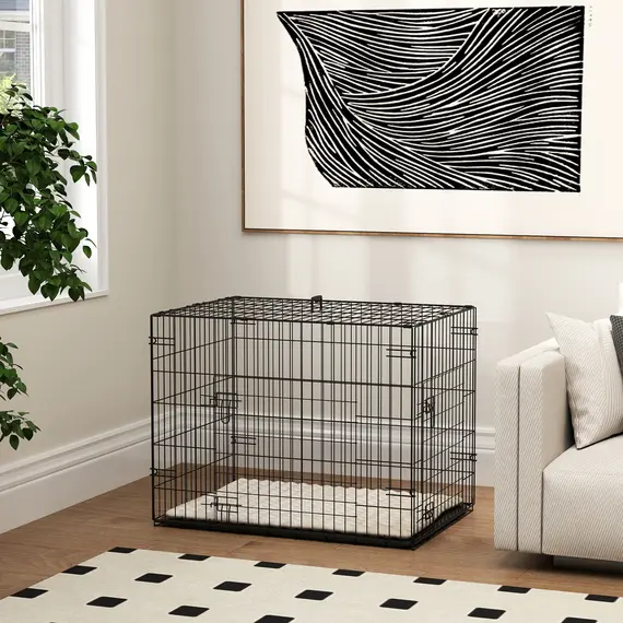 Buy Foldable Dog Crate with 2 Doors with Tray, Soft Cushion, for Small Dogs, 76 x 53 x 60, Black, 8 image