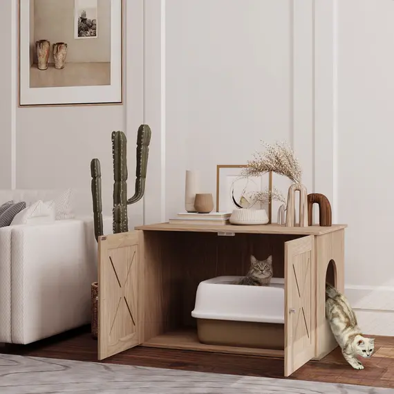 Buy Cat Litter Box Enclosure with Double Doors and Side Entrance, Non-Slip Pads for Living Room, Walnut Brown, 2 image