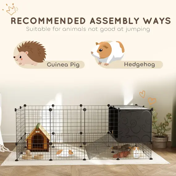 Buy DIY Small Animal Cage with Elevated Huts, C&C Cage for Guinea Pigs, Hedgehogs, Rabbits, 31 Panels, Black, 7 image