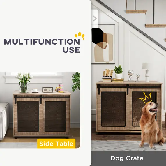 Buy Dog Crate Furniture with Sliding Door for Large Dogs, 98 x 60 x 78cm, Walnut Brown, 4 image