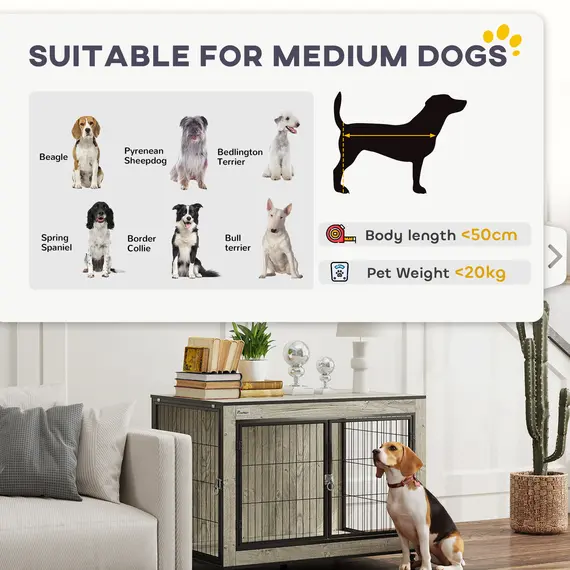Buy Dog Crate Furniture with Wheels, Double Doors, for Medium Dogs, 80 x 56 x 62.5cm, Grey, 8 image