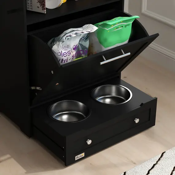 Buy Pet Feeder Station, Dog, Cat Storage Container, with Raised Bowls, Hanger, Cabinet - Black, 9 image