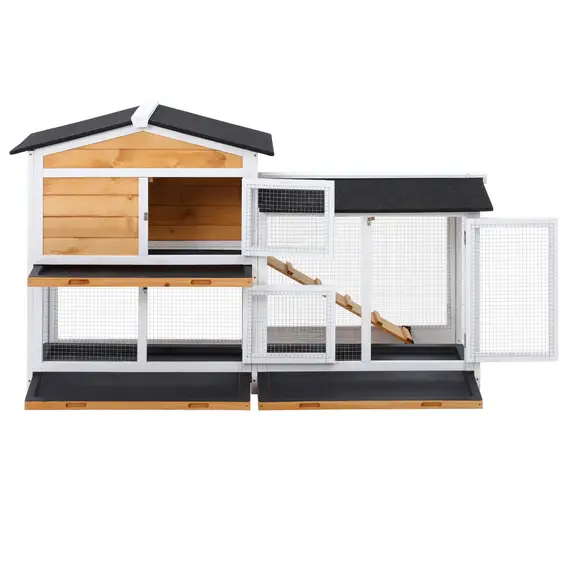 Buy Rabbit Hutch Guinea Pig Hutch Wooden House with Run, 2 Tier Pet Cage Outdoor with No-leak Plastic Trays, 157.4 x 53 x 93.5cm, Yellow, 8 image