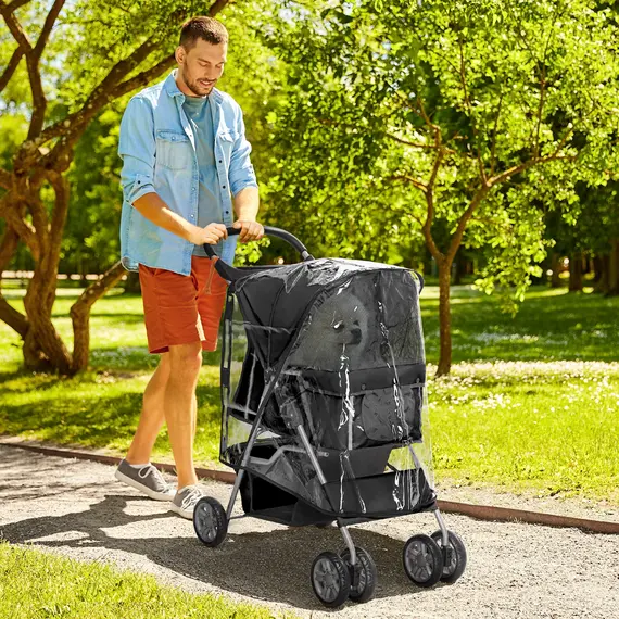 Buy Pet Travel Stroller with Rain Cover, 4 Wheels Foldable Travel Carriage with Wheels Zipper Entry Cup Holder Storage Basket Black, 2 image
