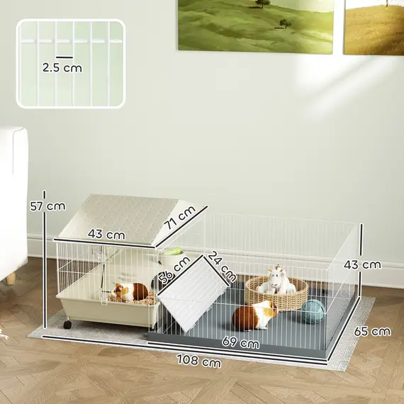 Buy Small Animal Cage with Removable Pet Playpen, Guinea Pig Cage with Waterproof Pad, Hay Feeder, 108 x 71 x 57cm, Beige, 3 image