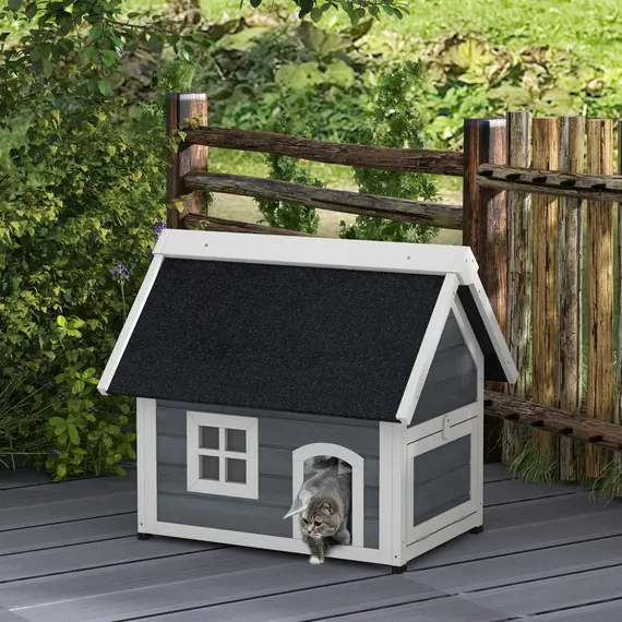 Buy Outdoor Cat House, Wooden Feral Cat Shelter, with Openable Asphalt Roof, Three Doors - Grey, 2 image
