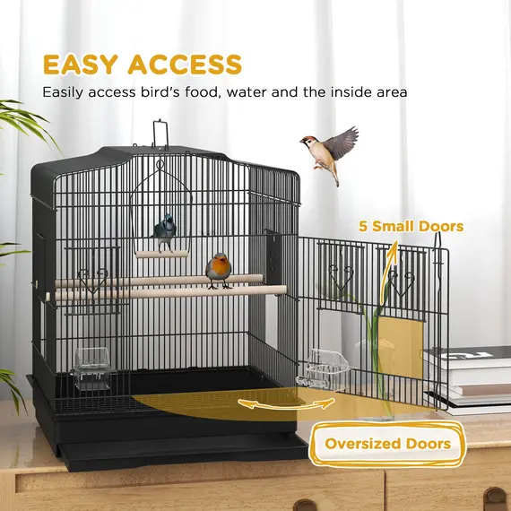 Buy Large Metal Bird Cage with Perches, Food Bowls, Swing, for Budgies, Parakeets, Black, 4 image