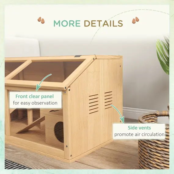 Buy Hamster Cage, Wooden Small Animal Cage for Gerbils, Mice w/ Suspension Bridge, Openable Top, Hut, 85 x 45 x 44cm Nature, 6 image