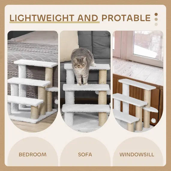 Buy Pet Stair with 3-step Climb Ladder, Scratching Posts, Platforms, Toy Ball, for Indoor Elderly Cats Kittens, White, 7 image