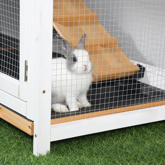 Buy Rabbit Hutch Guinea Pig Hutch Wooden House with Run, 2 Tier Pet Cage Outdoor with No-leak Plastic Trays, 157.4 x 53 x 93.5cm, Yellow, 9 image