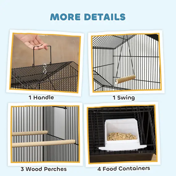 Buy Metal Bird Cage with Plastic Swing, Perch, Food Container, Tray, Handle, for Finches, Canaries, Budgies, 43 x 32.5 x 163, 4 image