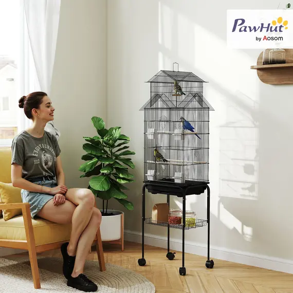 Buy Metal Bird Cage with Plastic Swing, Perch, Food Container, Tray, Handle, for Finches, Canaries, Budgies, 43 x 32.5 x 163, 2 image
