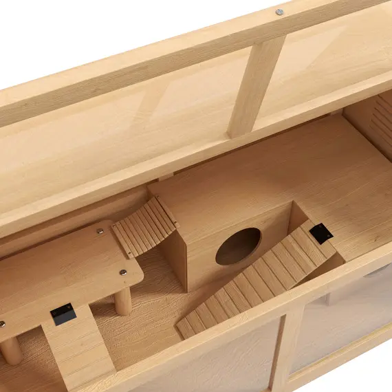 Buy Hamster Cage, Wooden Small Animal Cage for Gerbils, Mice w/ Suspension Bridge, Openable Top, Hut, 85 x 45 x 44cm Nature, 8 image