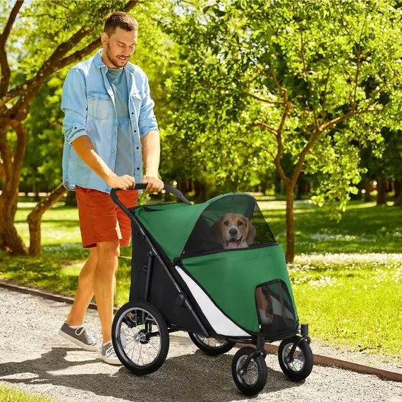 Buy Foldable Pet Stroller, with Washable Cushion, Storage Bags, Safety Leash, for Medium, Large Dogs, Cats - Green, 2 image