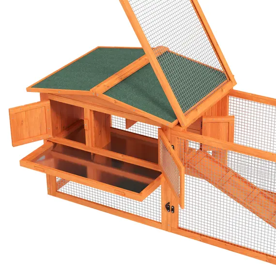 Buy Rabbit Hutch with Run Wooden Guinea Pig Hutch Outdoor Bunny Cage Hide House with Sliding Tray, Hay Rack, Ramp, 156 x 58 x 68cm, Orange, 8 image