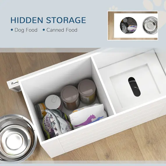 Buy Raised Dog Bowls w/ Slow Feeder Mat, Storage Cabinet, 3 Stainless Steel Bowls, Semi-Auto Dispenser Function, White, 8 image