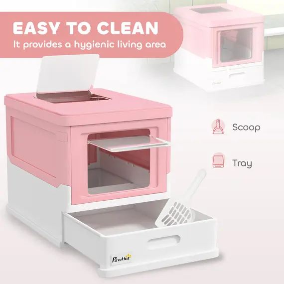 Buy Hooded Cat Litter Box, Portable Pet Toilet, with Scoop, Front Entry - Pink, 4 image