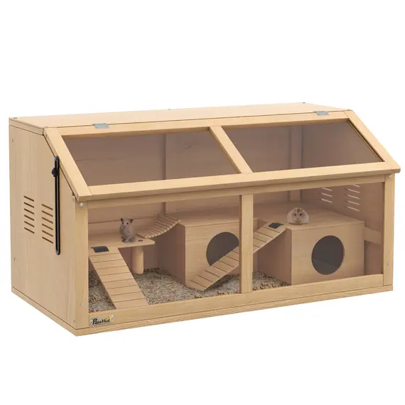 Buy Hamster Cage, Wooden Small Animal Cage for Gerbils, Mice w/ Suspension Bridge, Openable Top, Hut, 85 x 45 x 44cm Nature