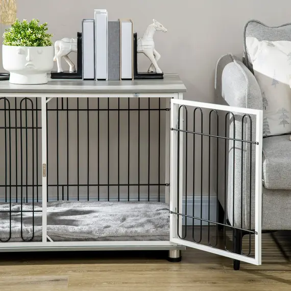 Buy Indoor Dog Crate Furniture, Side End Table, with Soft Washable Cushion, Lockable Doors, for Small and Medium Dogs, 8 image