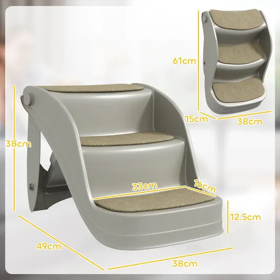 Buy Foldable Pet Stairs 3 Steps with Non-slip Mats for Small Dogs, Grey, 3 image