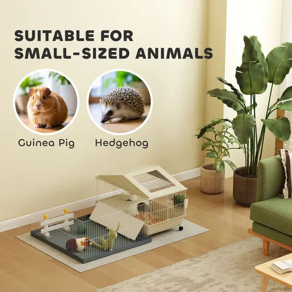 Buy Small Animal Cage with Removable Pet Playpen, Guinea Pig Cage with Waterproof Pad, Hay Feeder, 108 x 71 x 57cm, Beige, 7 image