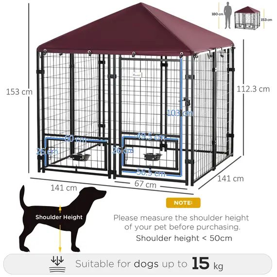 Buy Outdoor Dog Kennel with Rotating Bowl Holders, Water and UV-Resistant Cover for Medium & Small Dogs, Red, 3 image
