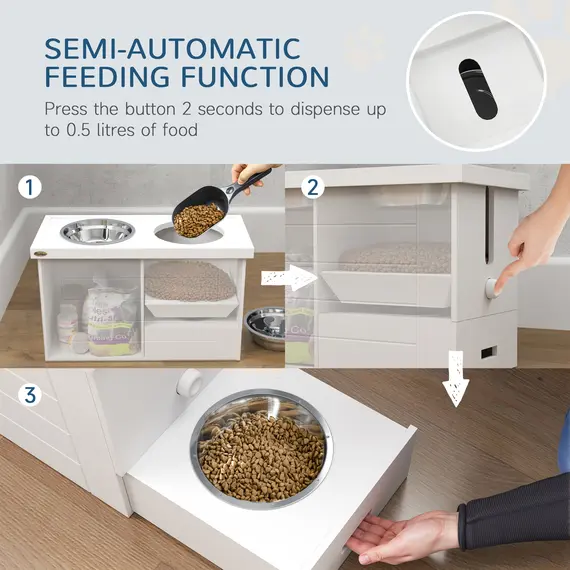 Buy Raised Dog Bowls w/ Slow Feeder Mat, Storage Cabinet, 3 Stainless Steel Bowls, Semi-Auto Dispenser Function, White, 4 image