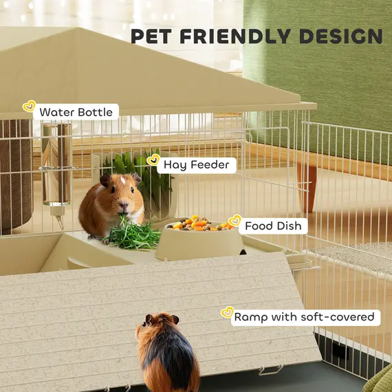 Buy Small Animal Cage with Removable Pet Playpen, Guinea Pig Cage with Waterproof Pad, Hay Feeder, 108 x 71 x 57cm, Beige, 5 image