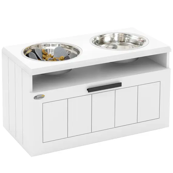 Buy Raised Dog Bowl with Slow Feeder, Two Stainless Steel Dog Bowls, Drawer, for Large and Extra Large Dogs, White