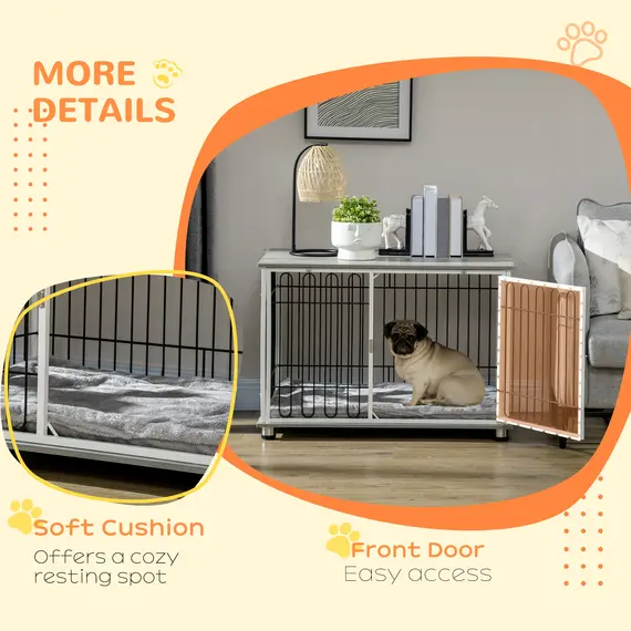 Buy Indoor Dog Crate Furniture, Side End Table, with Soft Washable Cushion, Lockable Doors, for Small and Medium Dogs, 6 image