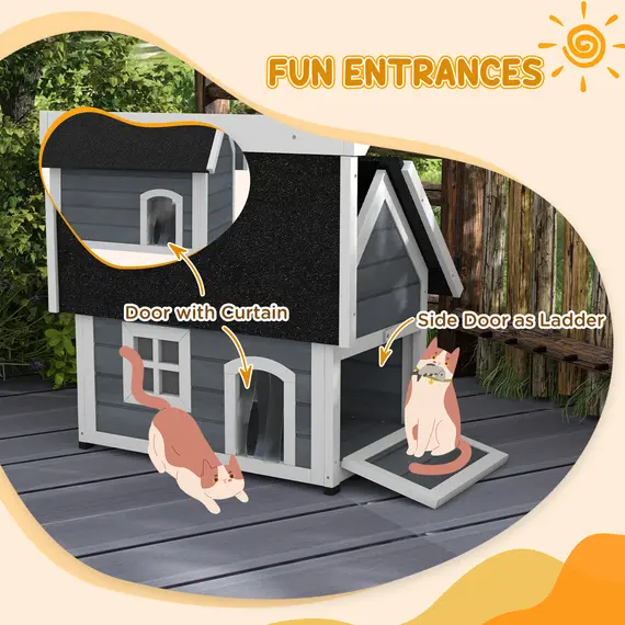 Buy Outdoor Cat House, Wooden Feral Cat Shelter, with Openable Asphalt Roof, Three Doors - Grey, 4 image