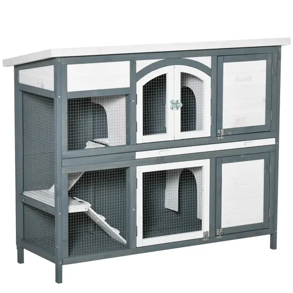 Buy Rabbit Hutch Outdoor Guinea Pig Hutch 2 Tier Wooden Cage w/ Ramp, Divider, Openable Roof, 125 x 48 x 100cm - Grey