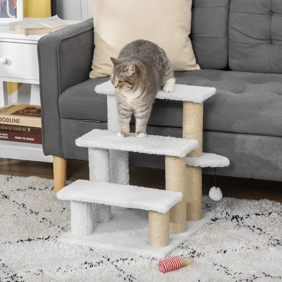 Buy Pet Stair with 3-step Climb Ladder, Scratching Posts, Platforms, Toy Ball, for Indoor Elderly Cats Kittens, White, 2 image