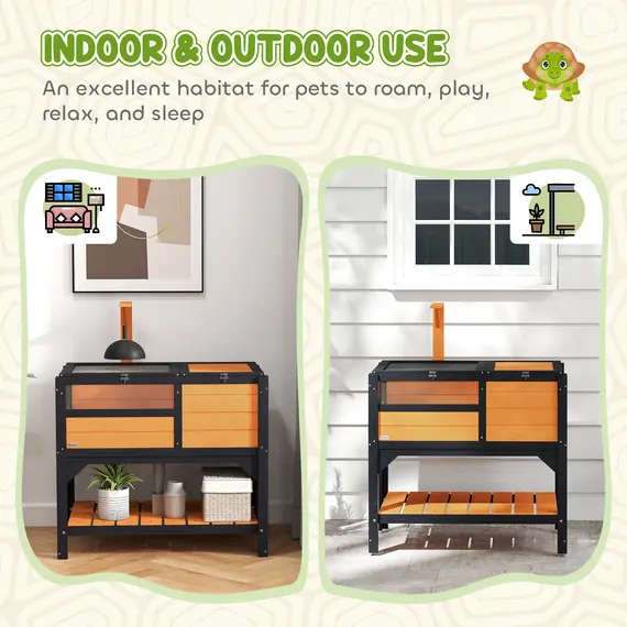 Buy Wooden Tortoise House, with Shelter, Run, Shelf, Lamp Holder, Tray, Yellow, 8 image