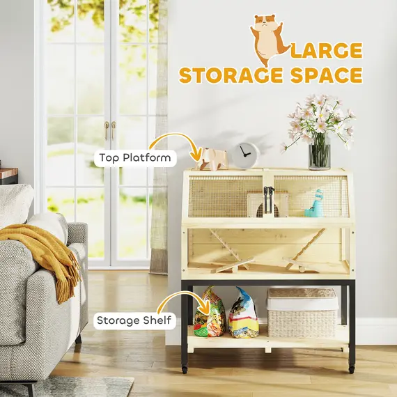 Buy Wooden Hamster Cage with Storage Shelf, Wheels, Ramps, Water Bottle, Hut, Seesaws, 5 image