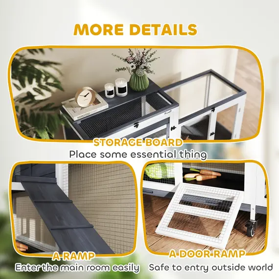Buy Wooden Rabbit Hutch with Run, 2-Tier Guinea Pig Hutch with Run, Wheels, 3 Plastic Trays, 2 Openable Top, for 2-3 Rabbits, 8 image