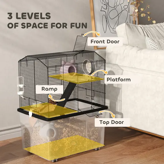 Buy Three-Tier Gerbil Cage, Hamster Cage for Dwarf Hamster, Syrian Hamster w/ Wheels, Deep Bottom, Food Dish, Water Bottle, 4 image