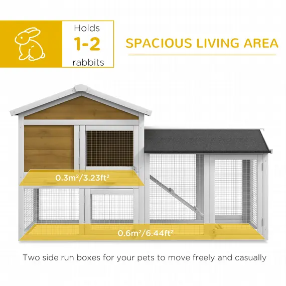 Buy Wooden Rabbit Hutch Outdoor, Double Tier with Water-Resistant Roof, Ramp 147 x 54 x 84 cm, Yellow, 5 image