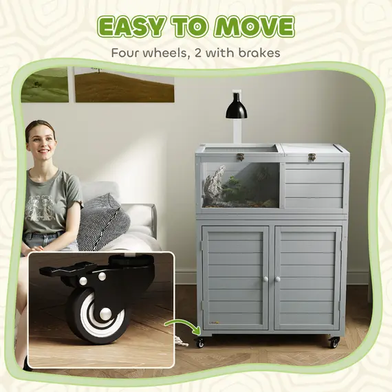 Buy Wooden Tortoise House with Storage Cabinet, Openable Top, Lamp Holder, Transparent Observation Windows, Light Grey, 8 image