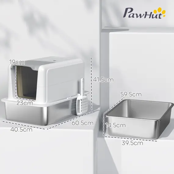 Buy Stainless Steel Cat Litter Box with Removable Lid, Scoop, Filter Bags, for Larger Cats, White, 3 image