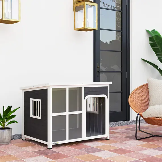 Buy Wooden Outdoor Dog House, with Asphalt Openable Top, Removable Floor, Clear Front Panel, Curtain, 103 x 77 x 83cm, 8 image