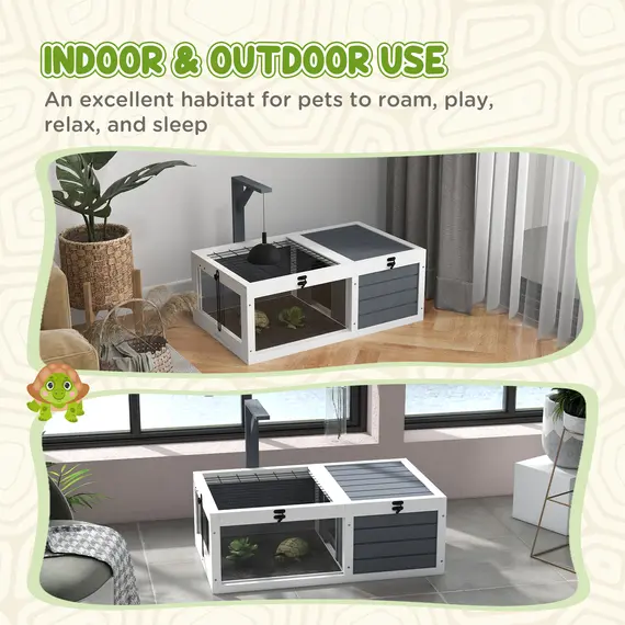 Buy Tortoise Table with Wooden Lamp Holder, Wooden Tortoise House w/ Openable Lids, Pull-Out Trays - Grey, 8 image
