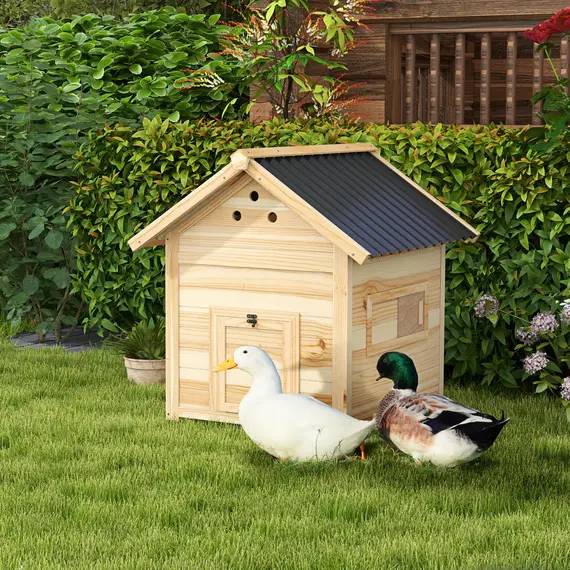 Buy Wooden Duck House with Double Doors, Openable Roof, Ventilation Holes, Removable Base, Natural Wood Finish, 2 image