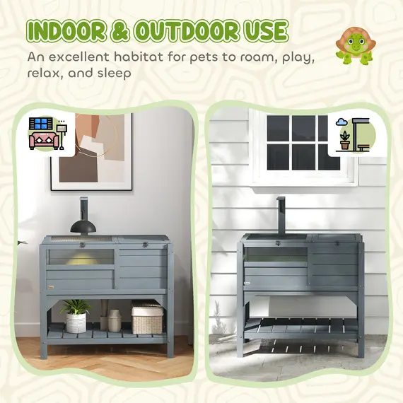 Buy Wooden Tortoise House, with Shelter, Run, Shelf, Lamp Holder, Tray, Grey, 8 image