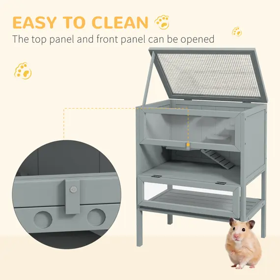 Buy Wooden Hamster Cage 3 Tier House w/ Storage Shelf, Openable Top for Gerbils, Grey, 5 image