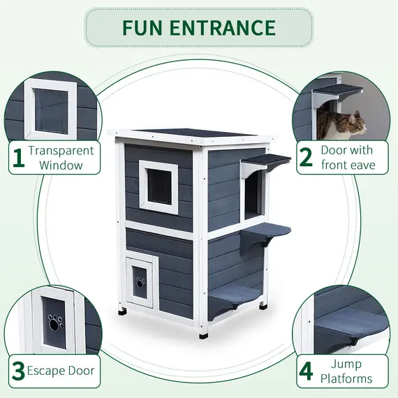 Buy Wooden Cat House 2-Floor Outdoor Kitten Shelter with Window Grey, 6 image